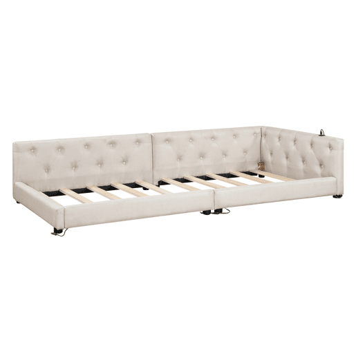 Sofá-cama 90x200 cm - com estrado, sem colchão, iluminação ambiente com comando, cabeceira acolchoada, USB+Tipo-C, linho - bege