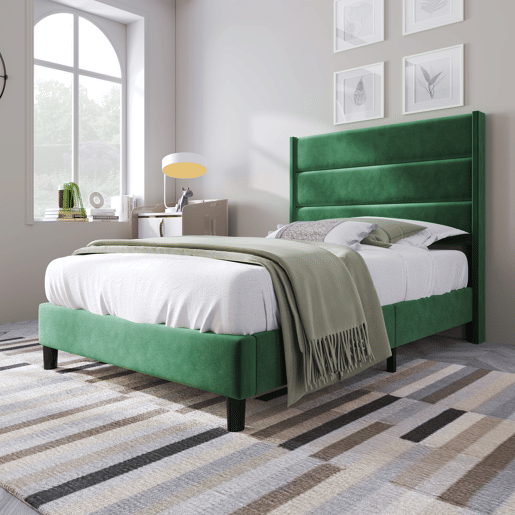 Cama estofada 90x200 cm - Com estrado e cabeceira, design moderno, verde escuro