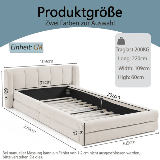 Cama individual 90x200 cm - Tecido chenille macio, encosto confortável, adequada para crianças - Bege