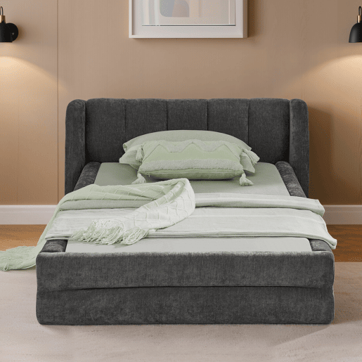 Cama individual 90x200 cm - Chenille macio, encosto confortável, adequado para crianças - Cinza escuro