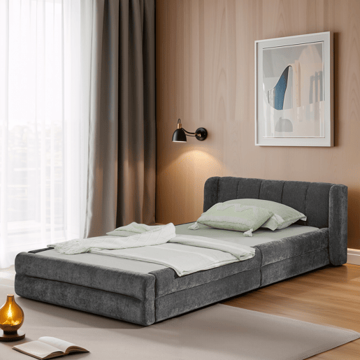 Cama individual 90x200 cm - Chenille macio, encosto confortável, adequado para crianças - Cinza escuro