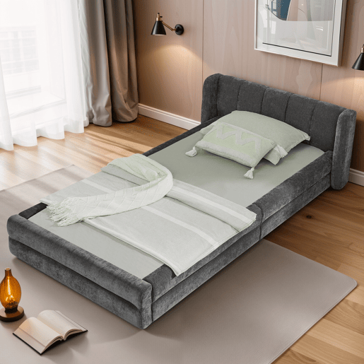 Cama individual 90x200 cm - Chenille macio, encosto confortável, adequado para crianças - Cinza escuro