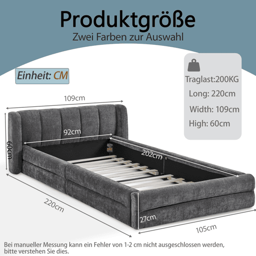 Cama individual 90x200 cm - Chenille macio, encosto confortável, adequado para crianças - Cinza escuro