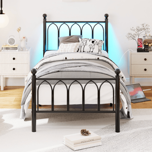Cama metálica 90x200 - Cabeceira e pés vintage, LED, USB, arrumação debaixo da cama - Preto