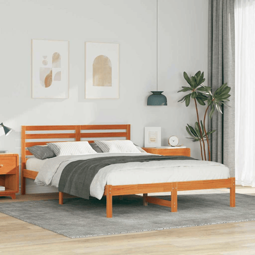 Estrutura de cama de casal simple com cabeceira - Marrom Cera 140 x 220 cm