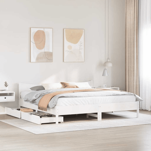 Estrutura de Cama de casal simple c gavetas 180x200 cm pinho maciça branco