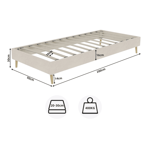 Cama minimalista moderna 90x200 - Base baixa, estilo moderno - Bege