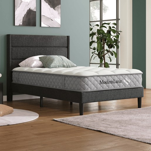Cama estofada 90x200 cm - Estrutura com estrado e cabeceira, design moderno, cinzento