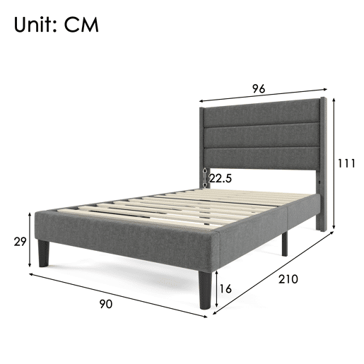 Cama estofada 90x200 cm - Estrutura com estrado e cabeceira, design moderno, cinzento