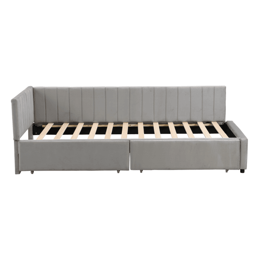 Sofá-cama estofado em veludo 90x200 cm - com 2 gavetas grandes e estrado de ripas - Cinzento