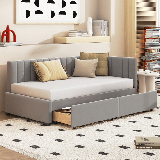 Sofá-cama estofado em veludo 90x200 cm - com 2 gavetas grandes e estrado de ripas - Cinzento