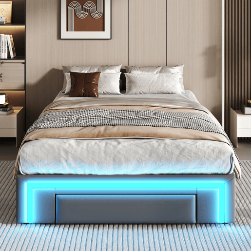 Estrutura de cama 90x200 - Com gavetas, sem cabeceira, com luzes LED, base de metal - Cinza