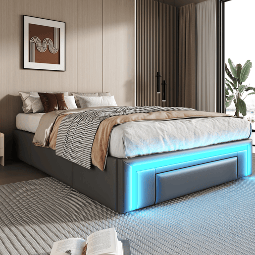 Estrutura de cama 90x200 - Com gavetas, sem cabeceira, com luzes LED, base de metal - Cinza