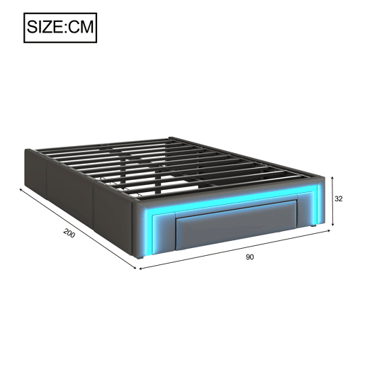 Estrutura de cama 90x200 - Com gavetas, sem cabeceira, com luzes LED, base de metal - Cinza