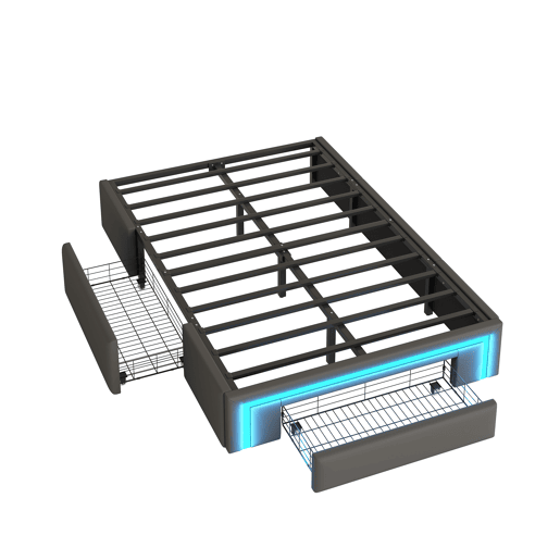 Estrutura de cama 90x200 - Com gavetas, sem cabeceira, com luzes LED, base de metal - Cinza