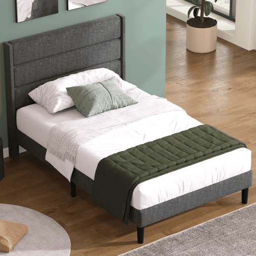 Cama estofada 90x200 cm - Estrutura com estrado e cabeceira - Estofada em linho cinzento