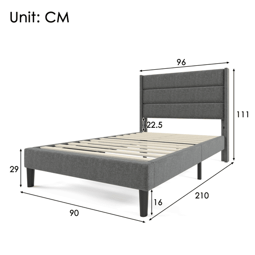 Cama estofada 90x200 cm - Estrutura com estrado e cabeceira - Estofada em linho cinzento
