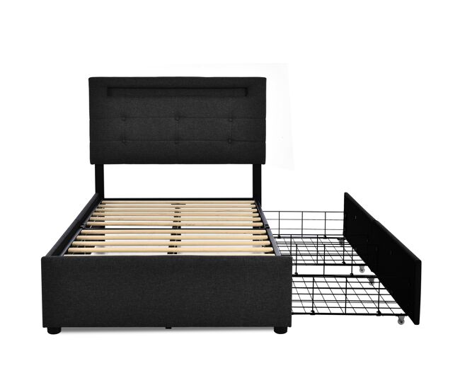 Cama tapizada 90x200cm - con led y 2 cajones, cabezal ajustable, somier de madera, incluye colchón - negro