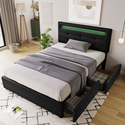 Cama estofada 90x200cm - Com LED e 2 gavetas, Cabeceira ajustável, Estrado de madeira, Inclui colchão - Preto