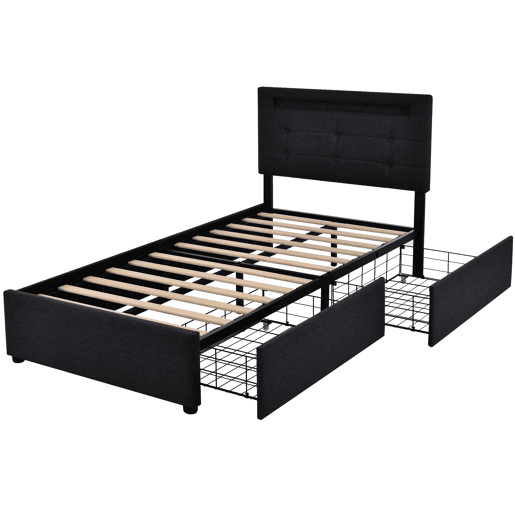 Cama estofada 90x200cm - Com LED e 2 gavetas, Cabeceira ajustável, Estrado de madeira, Inclui colchão - Preto