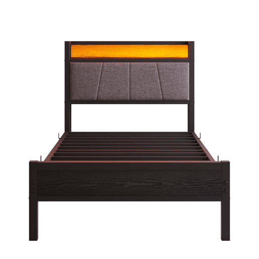 Cama 90x200cm - Estrutura com luzes LED, cabeceira com USB, lâminas metálicas, silenciosa - Preto