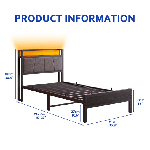 Cama 90x200cm - Estrutura com luzes LED, cabeceira com USB, lâminas metálicas, silenciosa - Preto