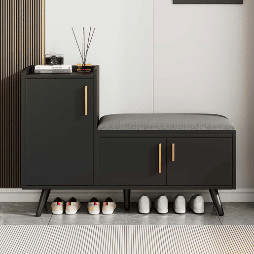 Banco de sapateiro 100 x 34 x 69 cm - moderno, com três portas de arrumação, puxadores metálicos assimétricos e vários níveis de organização - preto