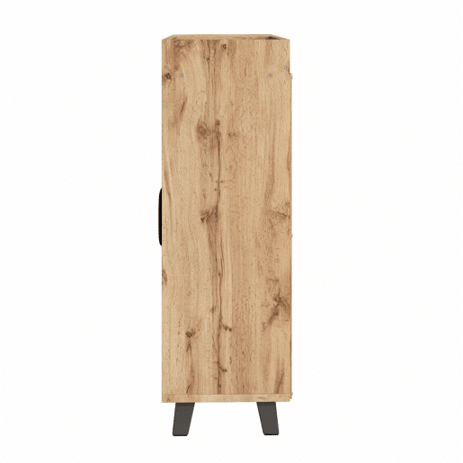 Armário estreito de duas portas - prateleiras abertas, armário multifuncional para a entrada, acabamento com efeito de madeira, com prateleira superior - Natural