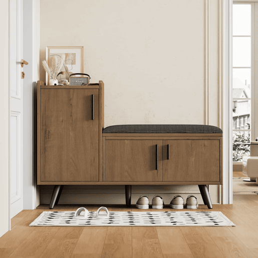 Banco baú 100 x 34 x 69 cm - 3 portas de arrumação, puxadores metálicos assimétricos, vários níveis de arrumação - Natural