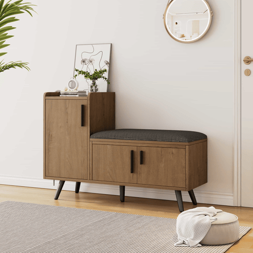 Banco baú 100 x 34 x 69 cm - 3 portas de arrumação, puxadores metálicos assimétricos, vários níveis de arrumação - Natural