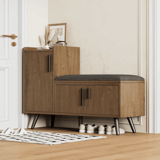 Banco baú 100 x 34 x 69 cm - 3 portas de arrumação, puxadores metálicos assimétricos, vários níveis de arrumação - Natural