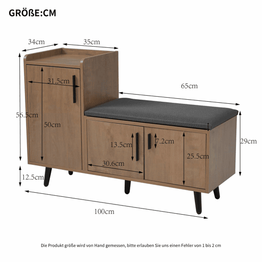 Banco baú 100 x 34 x 69 cm - 3 portas de arrumação, puxadores metálicos assimétricos, vários níveis de arrumação - Natural