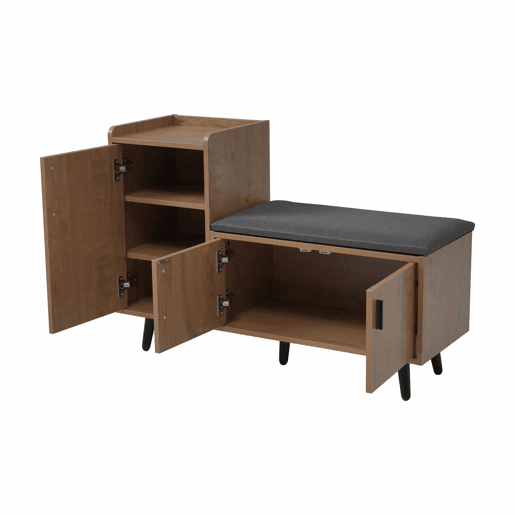 Banco baú 100 x 34 x 69 cm - 3 portas de arrumação, puxadores metálicos assimétricos, vários níveis de arrumação - Natural