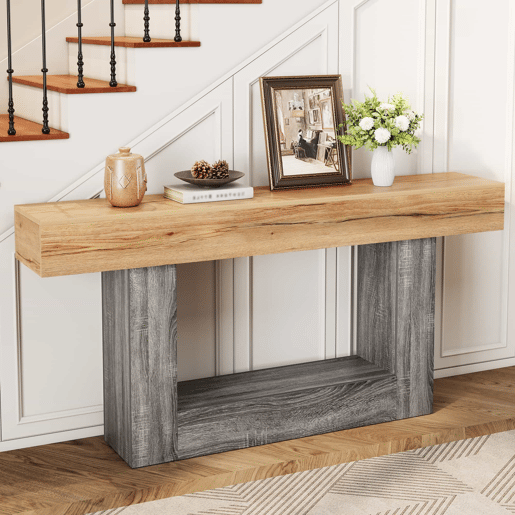 Mesa de entrada - Mesa bicolor com acabamento em madeira, tampo espesso, prateleira inferior de arrumação, material aglomerado - Natural
