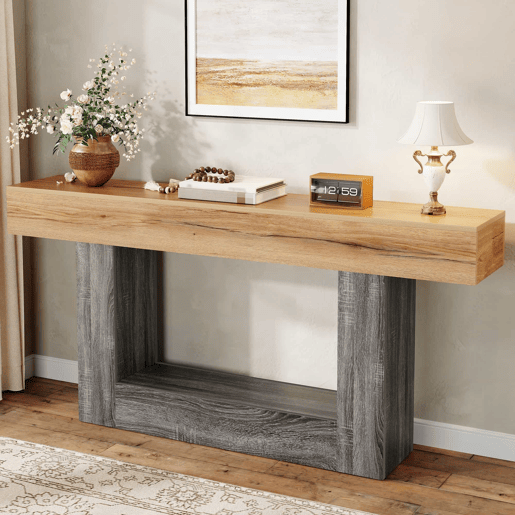 Mesa de entrada - Mesa bicolor com acabamento em madeira, tampo espesso, prateleira inferior de arrumação, material aglomerado - Natural