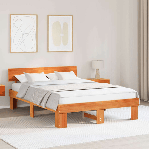 Estrutura de cama de casal simple com cabeceira - Marrom Cera 140 x 200 cm