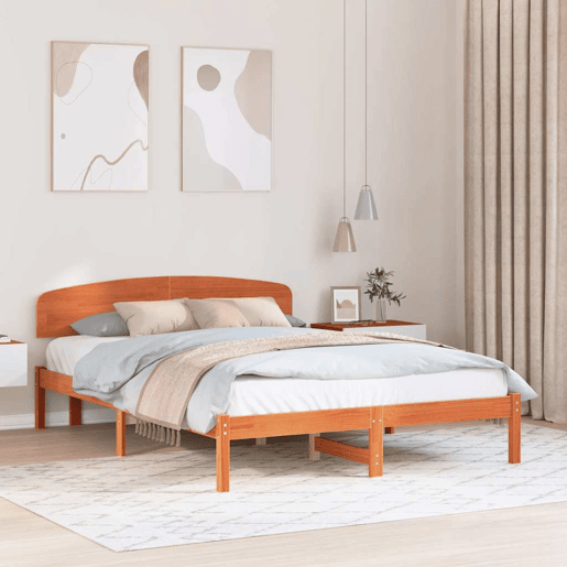 Estrutura de cama de casal simple com cabeceira - Marrom Cera 160 x 200 cm