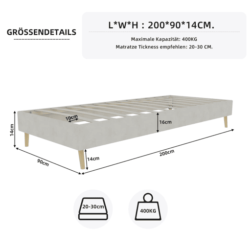 Cama moderna 90x200 cm - Base baixa em veludo estilo minimalista - Bege