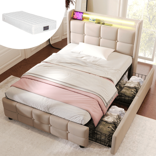 Cama estofada 90x200cm - Com função de carregamento USB, cabeceira e luzes LED, 2 gavetas - Bege