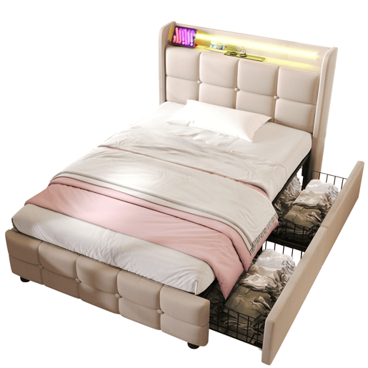 Cama estofada 90x200cm - Com função de carregamento USB, cabeceira e luzes LED, 2 gavetas - Bege