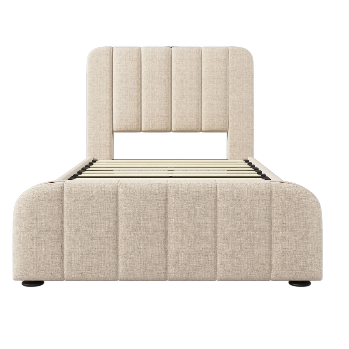 Cama polsterbett 90x200 - cabezal acolchado con franjas doradas, carga usb, 4 cajones - beige