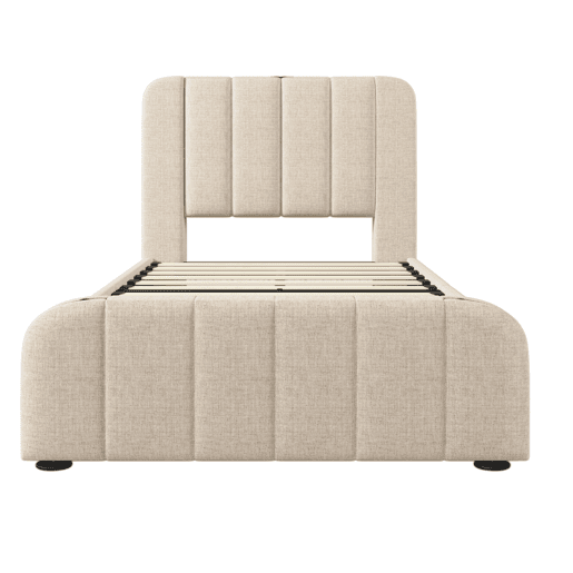Cama Polsterbett 90x200 - Cabeceira acolchoada com franjas douradas, entrada USB, 4 gavetas - Bege