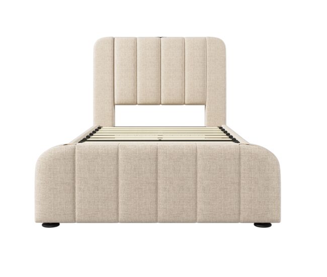 Cama polsterbett 90x200 - cabezal acolchado con franjas doradas, carga usb, 4 cajones - beige