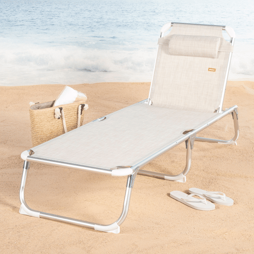 Aktive Espreguiçadeira de praia multiposições 186x49x30 cm bege com almofada