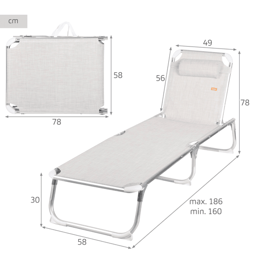 Aktive Espreguiçadeira de praia multiposições 186x49x30 cm bege com almofada