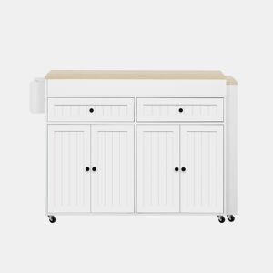 Ilha de cozinha com rodas extensível - bancada e gavetas - branco e natural
