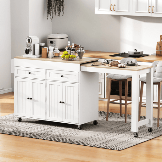 Ilha de cozinha com rodas extensÃvel - bancada e gavetas - branco e natural Ilha de cozinha com rodas extensÃvel - bancada e gavetas - branco e natural