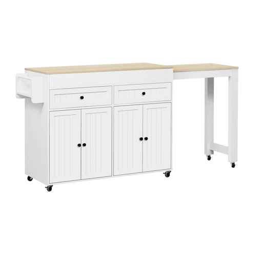 Ilha de cozinha com rodas extensÃvel - bancada e gavetas - branco e natural Ilha de cozinha com rodas extensÃvel - bancada e gavetas - branco e natural