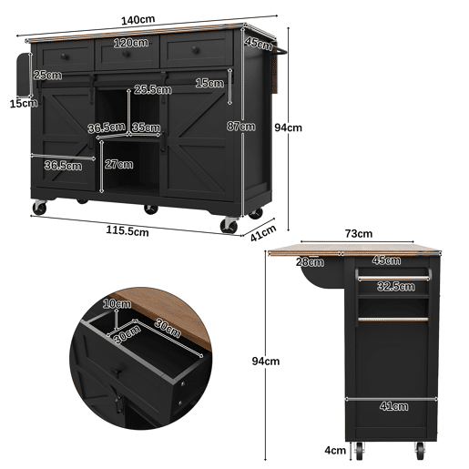 Ilha de cozinha móvel - bancada extensível, 2 portas de correr e 3 gavetas - preto