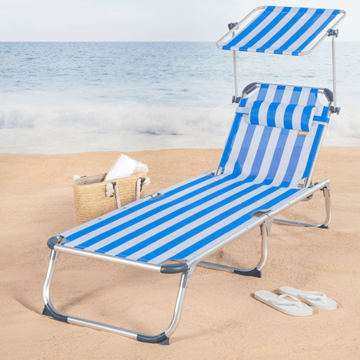 Aktive Espreguiçadeira de praia multiposições 186x49x30 cm estilo náutico com guarda-sol e almofada